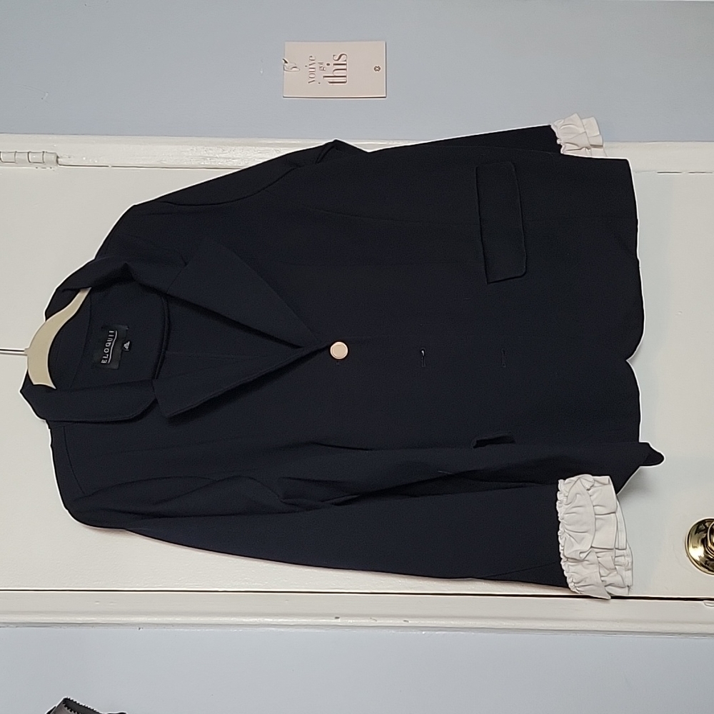 Eloquii navy blazer with white ruffles